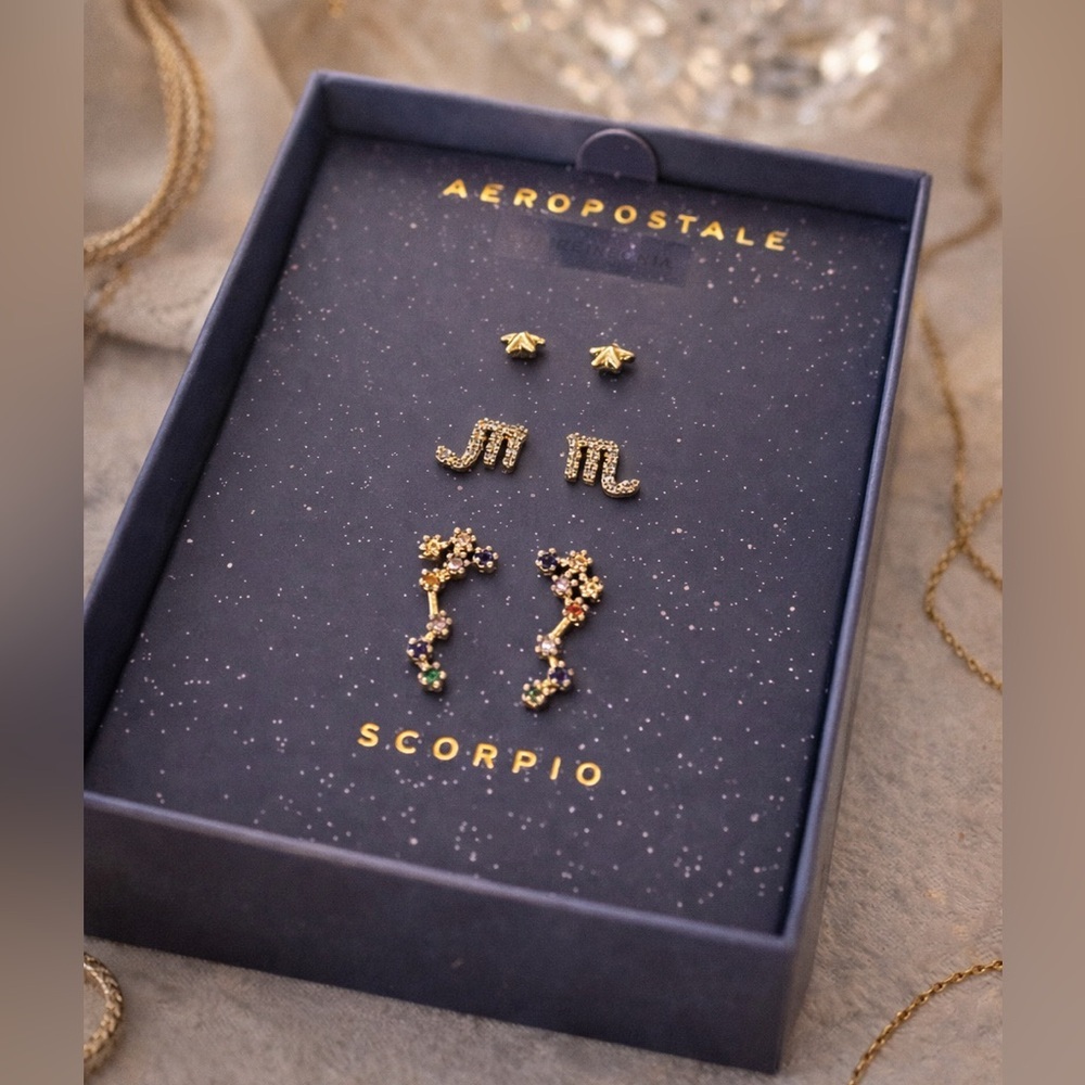 New Aeropostale Zodiac Gold Plated Stud Earrings  | CZ |  Astrology Jewelry Set